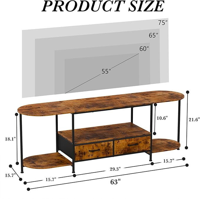 63 TV Stand for TVs up to 75 Inches Curved Edge Media Console &amp Entertainment Center with 2 Fabric Drawers Modern TV Console Table for Living Room or Bedroom Rustic Brown