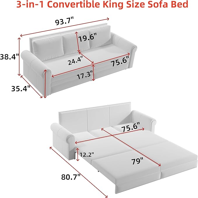 KEIKI 93.7 King Pull Out Sofa Bed 3-in-1 Velvet Convertible Sleeper Sofa with Nailhead Trim &amp Rolled Arm Multi-Functional Sofa Bed for Living Room Bedroom Apartment Office Green