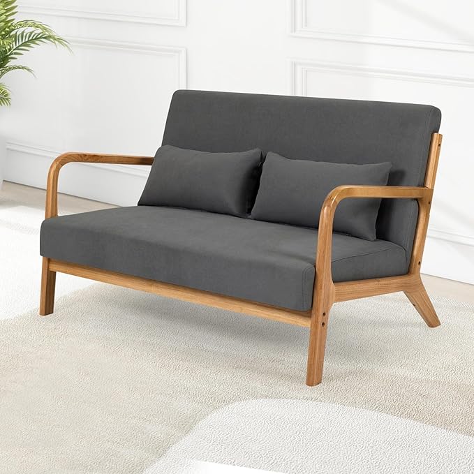 Modern Compact 48'' Loveseat with Linen Upholstery and Wood Legs Perfect for Bedroom Living Room Furniture (Dark Gray)