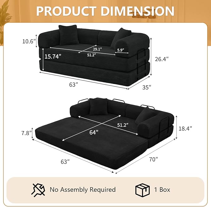 JJJ 63 inch Sofa Bed 4-in-1 Boneless Convertible Corduroy Sleeper Folding Couch with Fixed-Shape Frame and 2 Futons No Assemble Required 3 Seater Upholstered for Living Room (Black 63 inch)