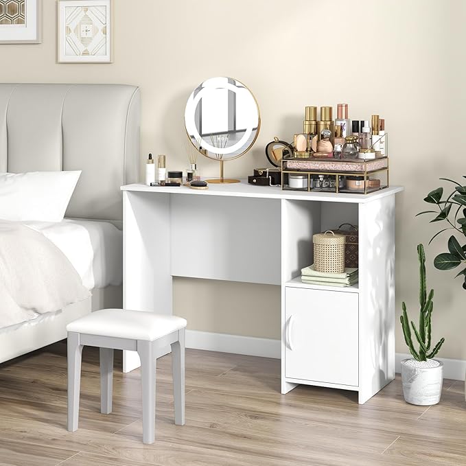 COSTWAY 42” White Home Office Desk Modern Computer Workstation with Open Compartment &amp Cabinet Compact Writing Desk with Cable Holes for Bedroom Study Room Dorm