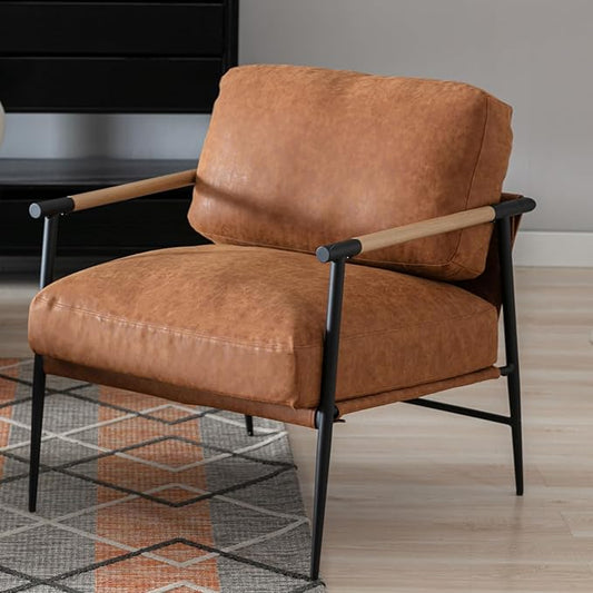 HEAH-YO Modern Accent Chair Set of 1 PU Faux Leather Living Room Chair with Backrests and Metal Legs Comfy Reading Side Armchair for Bedroom Brown