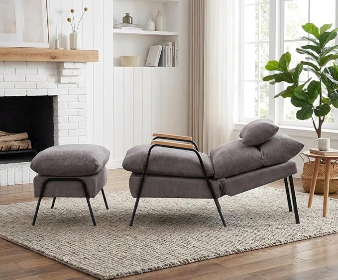 MCombo Accent Recliner Chair with Ottoman Modern Fabric Armchair Upholstered Sofa Bed for Living Room Bedroom Small Space 4055 (Black Frame Grey)