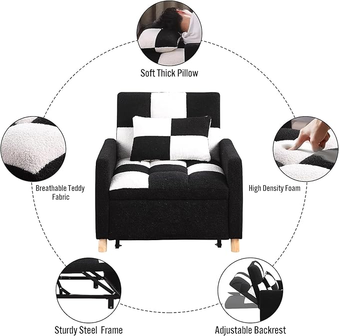 Convertible Sleeper Sofa Chair Bed3-in-1 Sleeper Chair Bed with PillowPull Out Single Armchair Sofa Bed with Adjustable Backrest Multi-Functiona Lounge Chair for Living Room (White/Black)