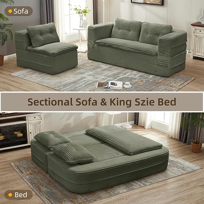 Convertible Sleeper Sofa Bed with Chaise Lounge Set80 King Folding Mattress Cloud Floor Loveseat CouchCorduroy Boneless Sectional Couch for Living Room Bedroom ApartmentGreen