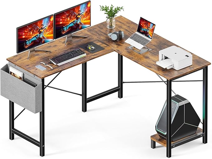 DUMOS L Shaped Desk Computer Gaming Corner Table 50 Inch Home Office Writing Student Work PC Workstation with Side Storage Bag CPU Stand for Bedroom Small Spaces