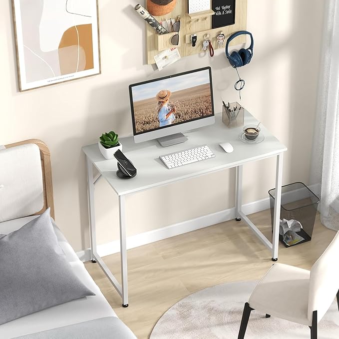 HOMGX Home Office Writing Desk Laptop PC Workstation 40-Inch Small Computer Desk w/Sturdy Metal Frame Modern Simple Laptop Desk for Home Office Bedroom Study (White)