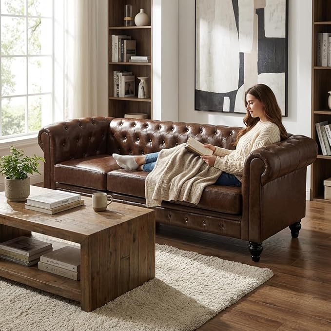 Chesterfield PU Leather Couch 3 Seater Sofa 89 Modern Luxurious Large Button-Tufted Sofa Couch Home Upholstered Deep Seat Sofa for Living Room Furniture Brown