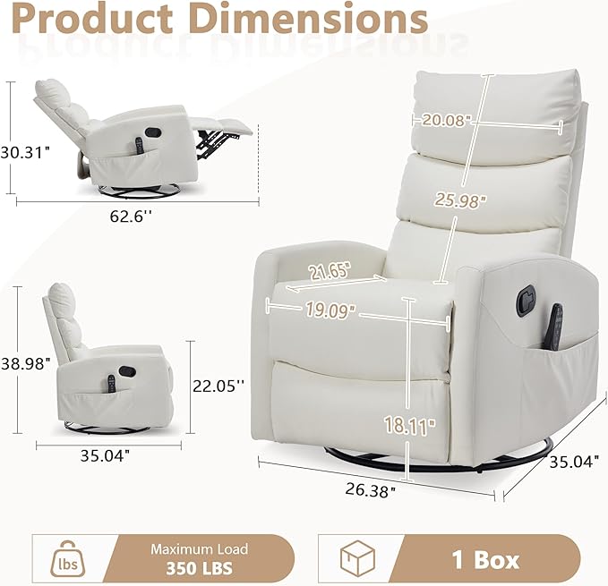 cinkehome Swivel Rocker Recliner Chair Upholstered Nursery Glider Recliner Chair with Heated Massage High Back Side Pocket (White PU Leather)