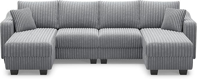 Belffin U Shaped Couch with Reversible Chaises Sectional Couches for Living Room Sectional Couch with Ottomans Corduroy (Light Grey U Shaped)