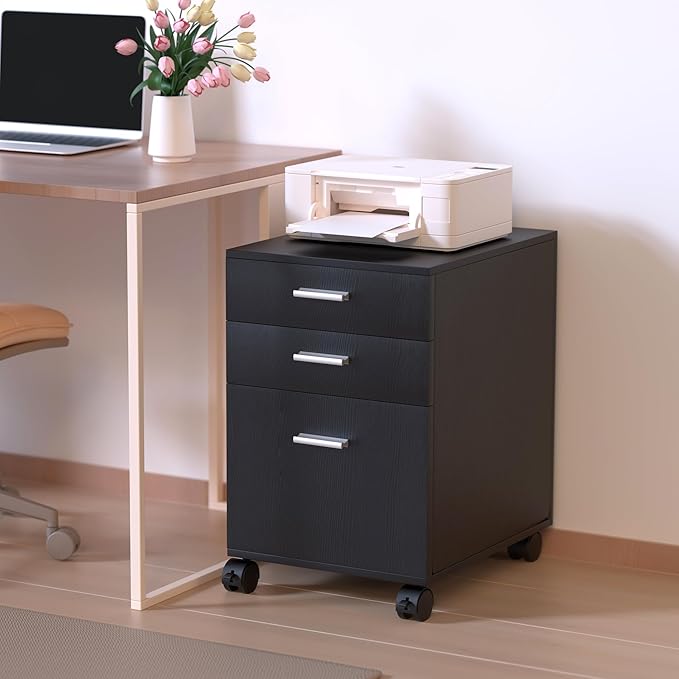 3 Drawer File CabinetMobile on WheelsPre-Assembled Black Wooden Storage Organizer for A4/Letter FilesUnder Desk Printer Stand19 L x 16 W x 22 H