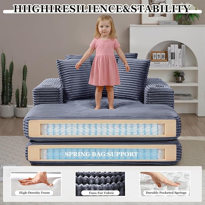 HANXIN 62 Chaise Lounge Chair Indoor Oversized Corduroy Boneless Convertible Chaise Lounge Couch Sleeper Chair with Ottoman Deep Seat Reading Chair No Assembly Required (Grey)