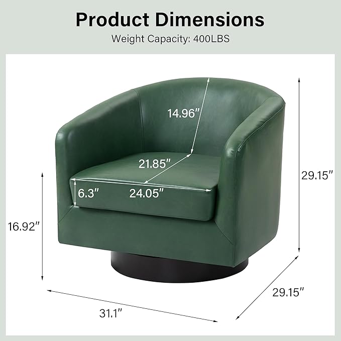 Swivel Barrel Chair Modern Round PU Leather Accent Armchair for Living Room Bedroom Oversized Comfy Club Reading Chairs for Adults (Leather Green Set of 1)