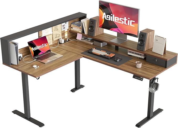 Agilestic L-Shaped Electric Standing Desk 63x55 Inch Ergonomic Adjustable Height Desk with Storage Stand Up Corner Desk Sit Stand Computer Table Power Outlet &amp LED Lights Office Table Dark Wal