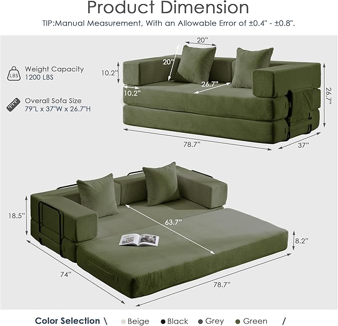 Convertible Sleep Sofa Bed with Armrests and Backrest Corduroy Folding Couch with 2 Pillow Modular Sectional for Living Room Bedroom Studio-No Assembly NeededGreen