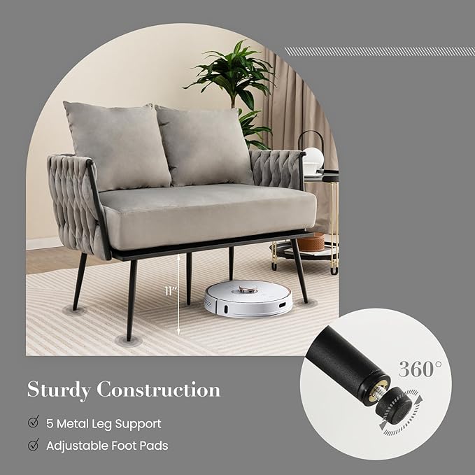 KOMFOTT 43” Loveseat Sofa Modern Upholstered 2-Seat Sofa with 2 Back Pillows Woven Backrest &amp Armrest Mid Century Modern Dutch Velvet Sofa for Living Room Bedroom Apartment (Gray)