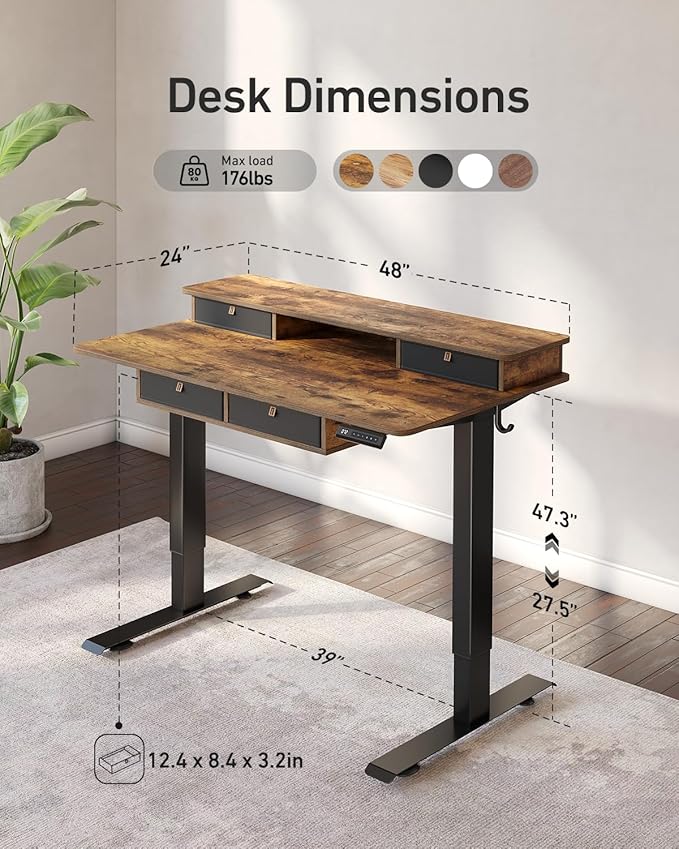CubiCubi 48 x 24 Standing Desk with Drawers Electric Height Adjustable Workstation Computer Sit Stand Up Office Table with Large Storage Shelf 4 Drawers and 2 Hooks Vintage Brown