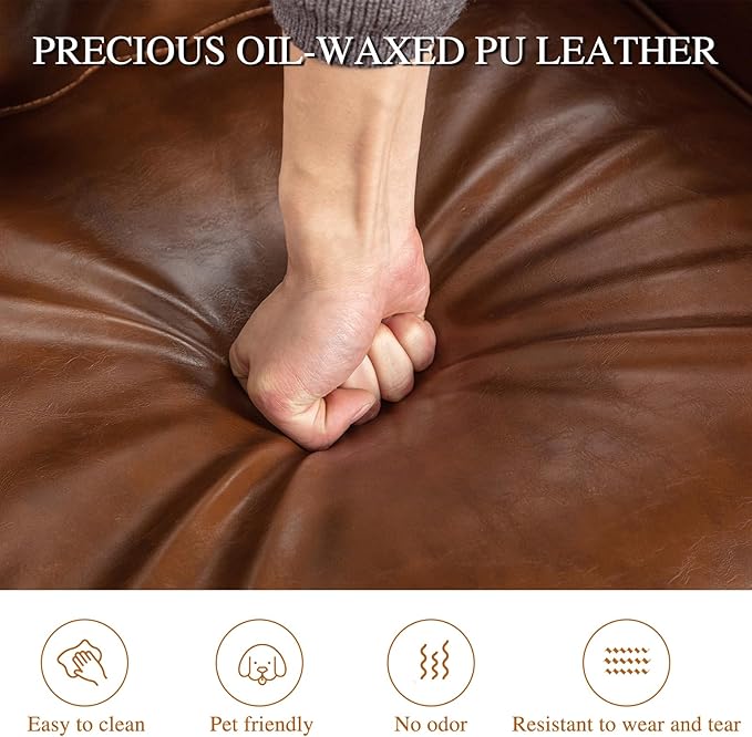 360 Degree Swivel Accent Chair Set of Two with Plump Back Pillow Waterproof Oil Waxed PU Leather Swivel Armchair with Rivets Comfy Vintage Round Barrel Chair for Living Room