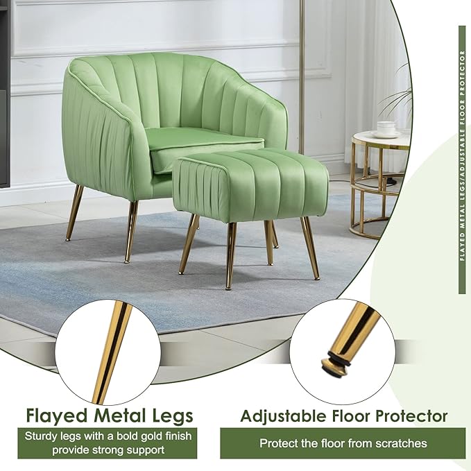 Velvet Accent Sofa Chair with Ottoman Comfy Living Room Chairs with Adjustable Legs Modern Upholstered Tufted Lounge Barrel Chair Ottoman Set for Bedroom Home Office (Grass Green)