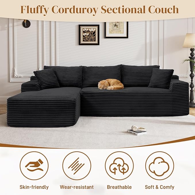 95 Boneless Cloud Sectional Couches for Living Room Comfy Fluffy L Shaped Memory Foam Deep Seat Boneless Couch Modular Sectional Sofa with Left Facing Chaise Black
