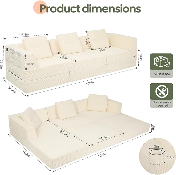 COMAX Futon Sofa Bed 3 Seater 106 Convertible Sofa Bed Couches for Living Room 4 in 1 Folding Boneless Sleeper Corduroy Couch Foam in a Box Comfy Foldable Lounge Fold Out Floor Mattress Beige