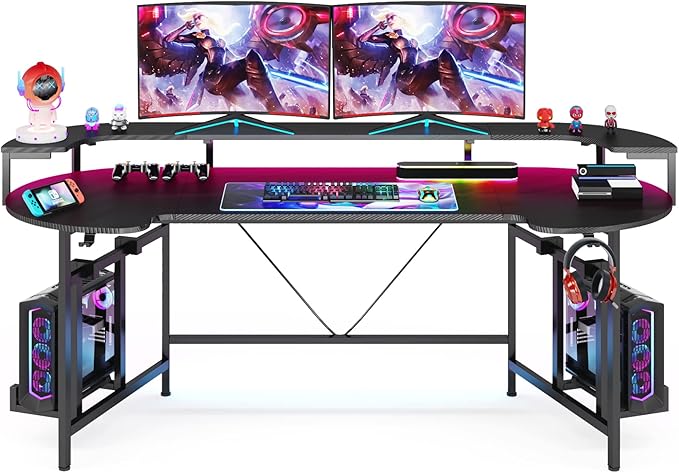 LITTLE TREE LED Gaming Desk with Monitor Shelf Carbon Fiber Surface Gaming Table Gamer Workstation for Home Office Black