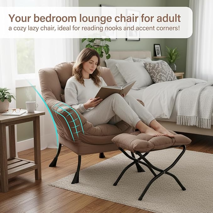 Lazy Chair with Ottoman Modern Accent Chair with Lumbar Pillow Velvet Khaki Sofa Armchairs with Folding Footrest Oversized Supportive Chairs for Bedroom Reading