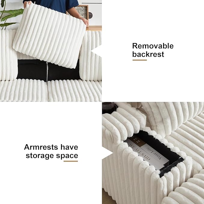 84Inch Corduroy 3-Seater Sofa with 3 Back Pillows2 toss Pillows a Ottoman2storage Spaces and Cup-Holding Grooves Comfy Sofa- Deep Seat Couch for Living RoomBeige