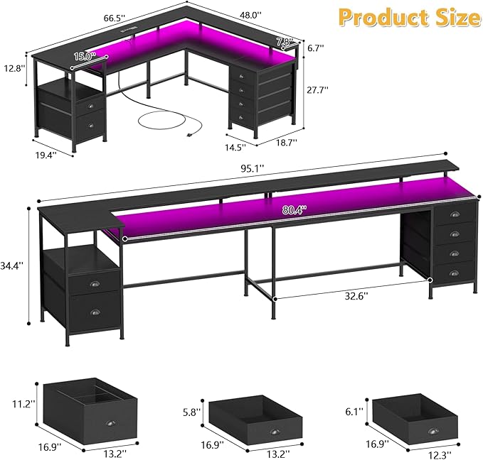 Furologee 95 Two Person Computer Gaming Desk Long 2 Person Home Office Desk with 6 Drawers &amp Storage Shelves Double Table with Power Outlets LED Lights and Full Monitor Shelf Black