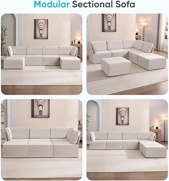 CECER Modular Sectional Sofa U Shaped Convertible Couch Sofa with Reversible Chaises Queen Sleeper Sofa Modular Oversized Sofa Couches for Living Room (Beige)