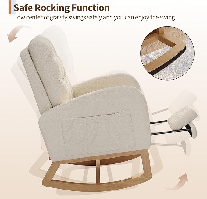 GarveeHome Nursery Rocking Chair with Adjustable Footrest Teddy Fleece Upholstery Sturdy Wooden Legs &amp High Backrest Comfortable Glider Rocking Chair for Living Room or Bedroom White