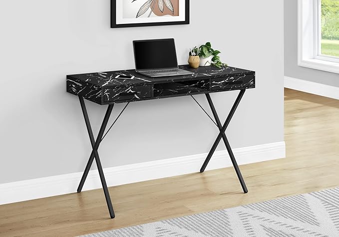 Computer Desk Home Office Laptop Left Right Set up Storage Drawers 42 l Work Black Marble Look Laminate Black Metal Contemporary Modern