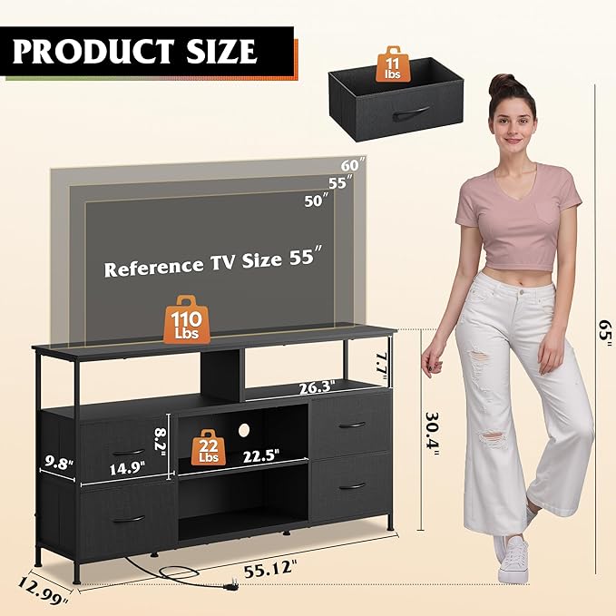 WLIVE TV Stand Dresser for 505560 inch TV Entertainment Center with LED Lights &amp Fabric Drawers Dresser TV Stand for Bedroom and Living Room with Open Shelves Black