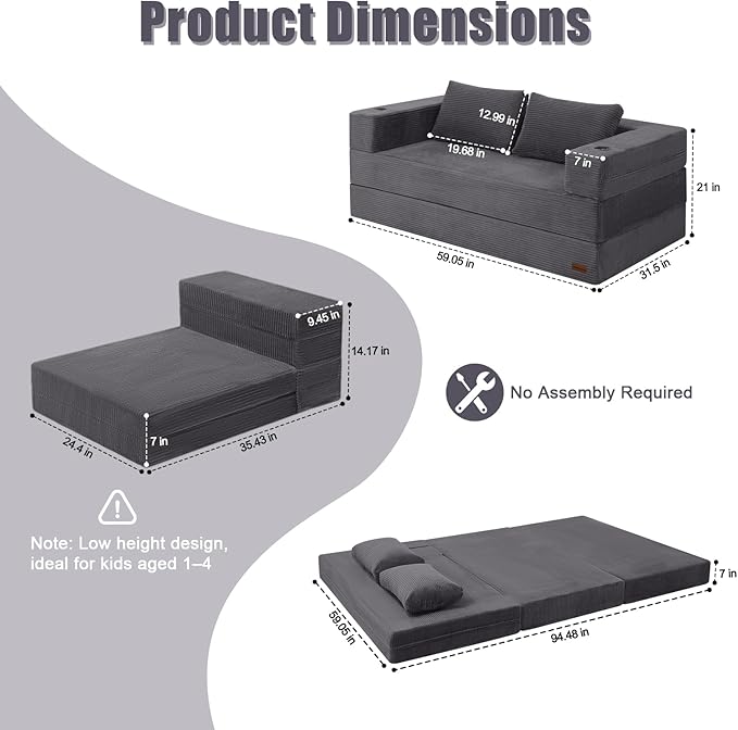 MeMoreCool Futon Couch Convertible Sofa Bed Queen Folding Floor Couch Bed with Pillow Corduroy Grey Foldable Sofa Sleeper Fold Out Boneless Loveseat Lounge for Living Room Small Spaces