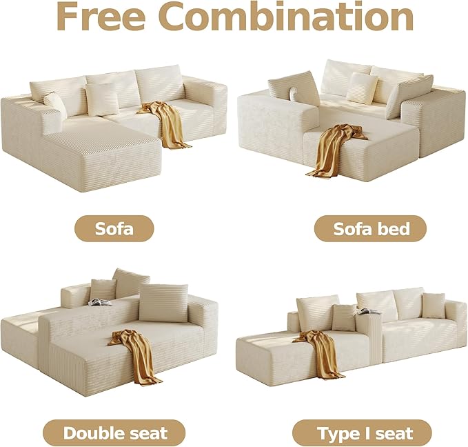 108'' Sectional Boneless Couches for Living RoomCloud Sectional Couch with L-Shape ChaiseModern Corduroy Modular Sofa with Deep SeatNo Assembly Required(Left Facing ChaiseBeige)