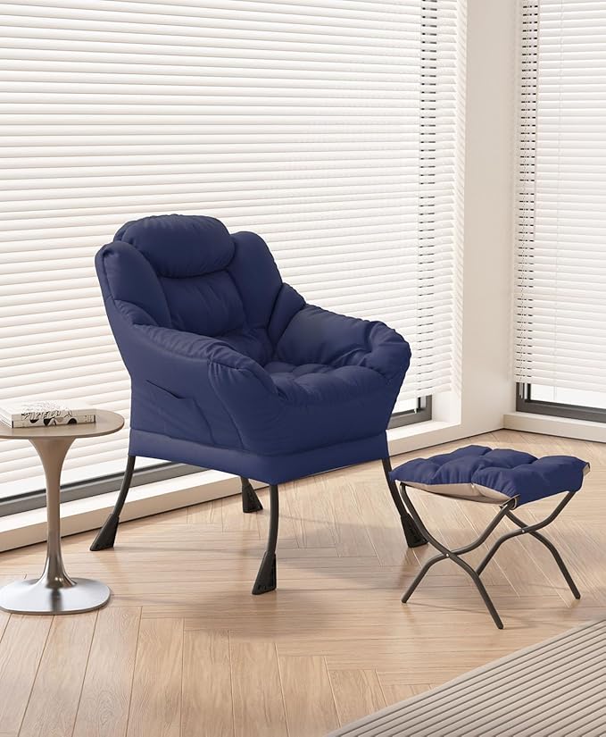 Living Room Chair with Ottoman Modern Lounge Accent Chair with Armrests and a Side Pocket Leisure Upholstered Sofa Lazy Chair Reading Chair with Footrest for Small Space (Navy Blue)