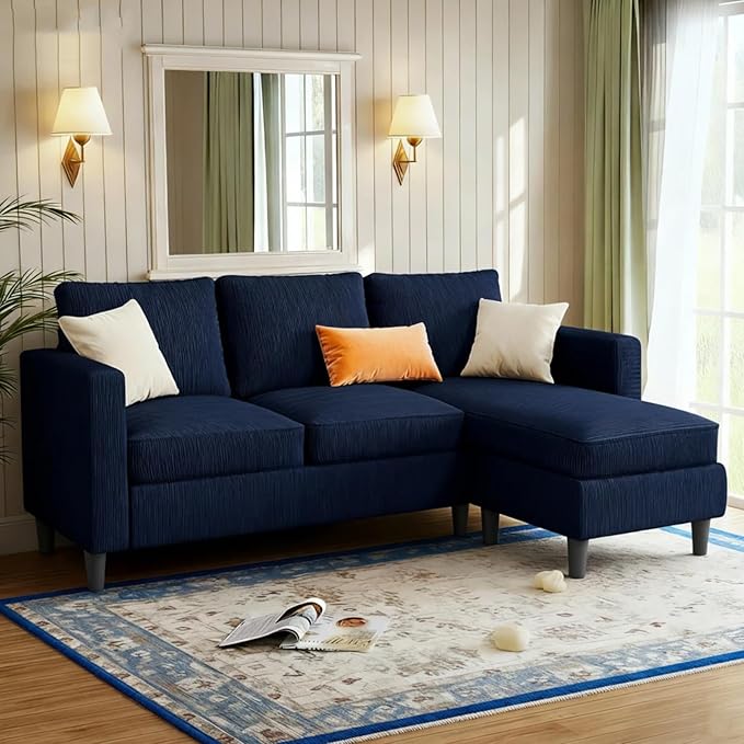 JAMFLY 3-Seat Convertible L-Shaped Sectional Sofa with Reversible Ottoman Upholstered Fabric Couch for Small Living Rooms Modern Modular Couch for Apartment Studio &amp Loft Blue