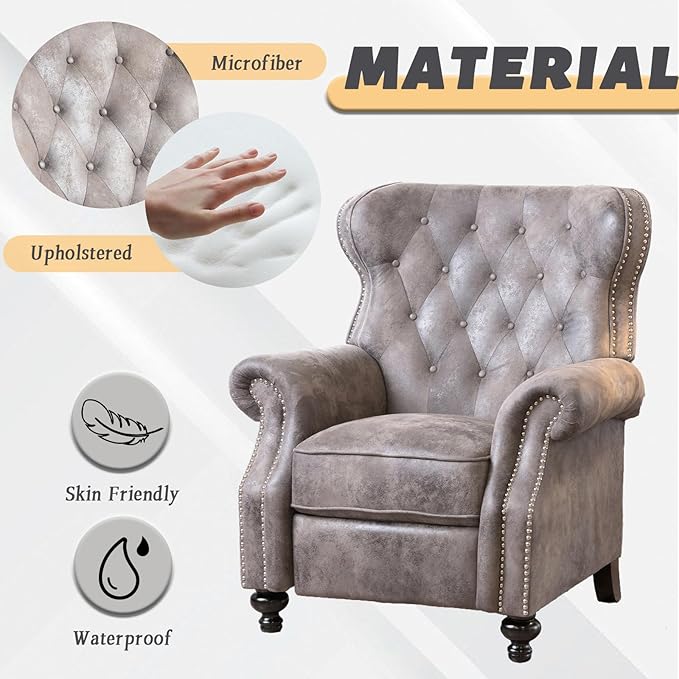 Push Back Recliner Chair Mid Century Wingback Recliner Accent Chair with Rivet Decoration Fabric Push Back Single Sofa for Living Room Adjustable Backrest (Brown Gray)