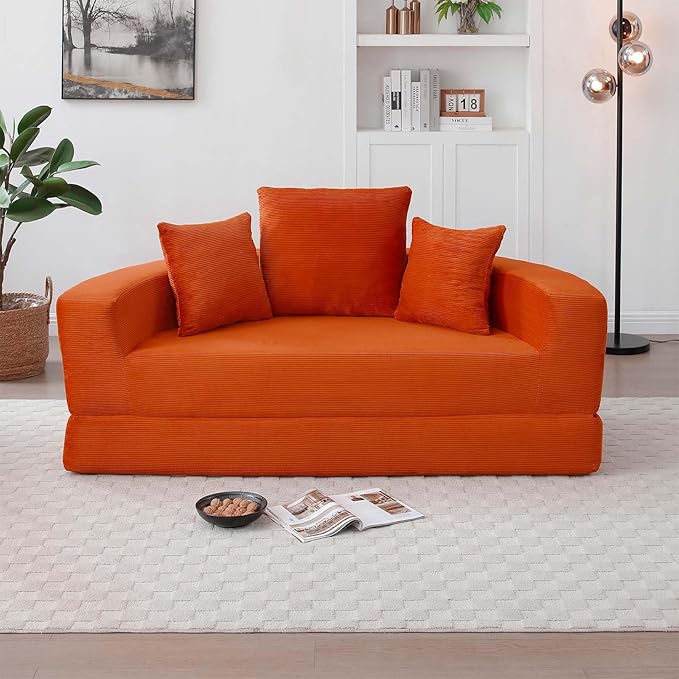67-inch Convertible Futon Sofa Bed Round Folding Comfy Corduroy Upholstered Couch Bed with 3 Pillows Boneless Floor Lazy Loveseat Sofa for Living Room Apartment Small Spaces Pinstripe Orange