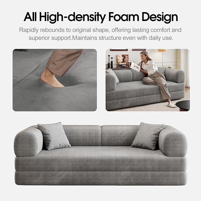 78.8'' Convertible Sofa Bed Boneless Couch in a Box Modular Corduroy Comfy Foldable Sleeper Compression Sofa Loveseat Couches for Living Room (Grey 78.8 inch)