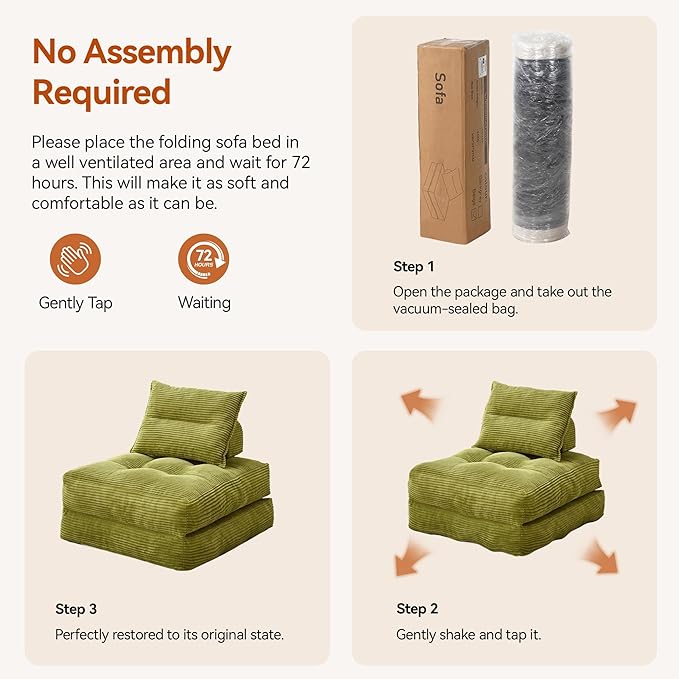 Folding Sofa Bed Fold Out Chair Bed with Pillow Convertible Sleeper Chair for Living Room/Small Spaces Foldable Lazy Sofa Bed Floor Chair Comfy Corduroy Couch Bed Pistachio Green