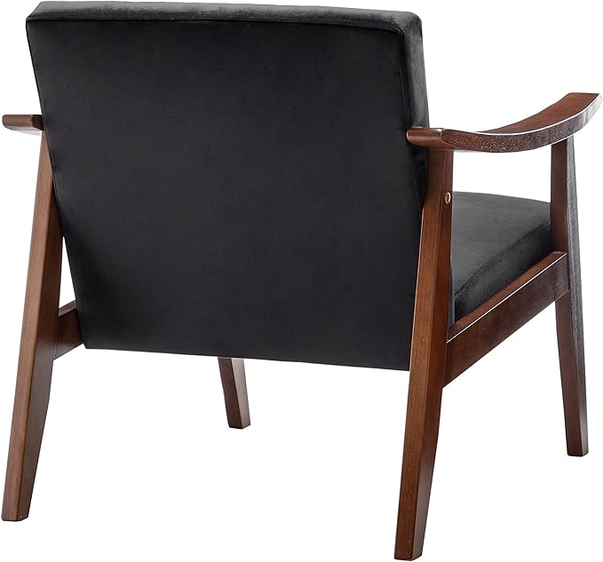 Accent Chair with Velvet Upholstery and Solid Wood Frame Classic Mid-Century Modern Living Room Furniture for Extra Seating Black