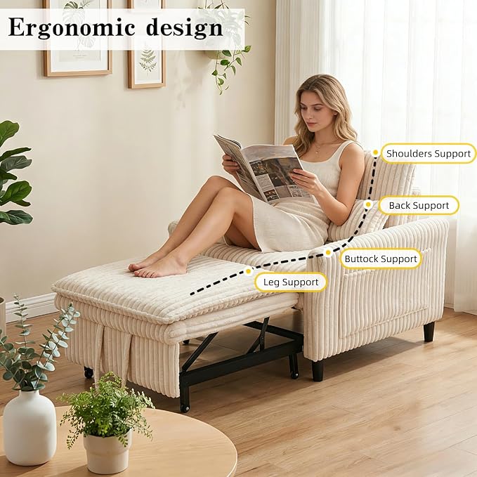 32 Wide Convertible Sleeper Chair3-in-1Pull Out Single Sofa Bed with Adjustable Backrest &amp Side Storage Pocket | Space-Saving Couch for Small Spaces Living Room &amp Bedroom (Beige)