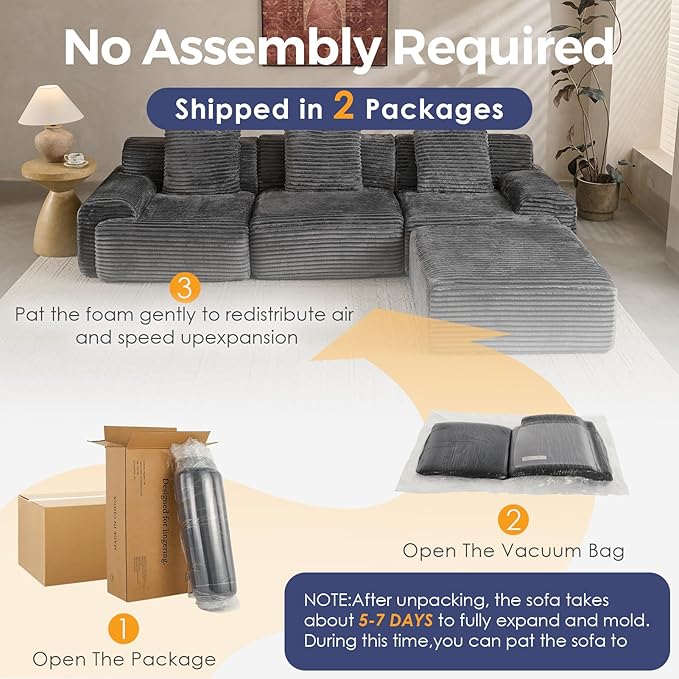 VK·LIVING 113 Cloud Sectional Couch Deep Seat Boneless Sofa with Wide Armrests 16.5'' Height Modular Plush Corduroy Memory Foam Couch for Living Room Office No Assembly Dark Gray