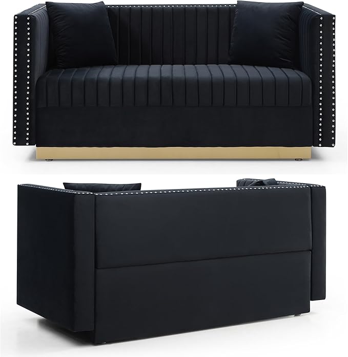 Modern Velvet Loveseat Sofa 61.4 Inch Vertical Channel Tufted Sofa Couch Luxury 2 Seater Couch with Gold Metal Legs for Living Room Bedroom Apartment Black