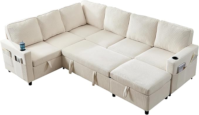 PUREMIND 100 Sectional Sleeper Sofa with Pull Out Bed U Shaped Modular Sectional Sofa with Storage Chaise Corduroy Cloud Sofa Bed with Cup Holders for Living Room Bedroom Apartment Beige