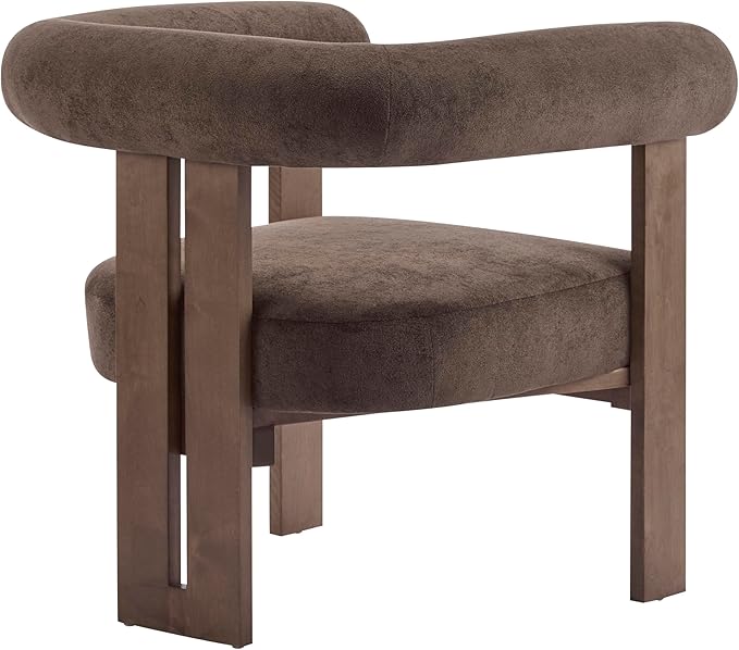 Christopher Knight Home Rones Modern Velvet Upholstered Accent Chair Wooden Living Room Club Chair with Curved Backrest Minimalist Bedroom Comfy Reading Chair Thick Padded Seat Dark Brown+Walnut
