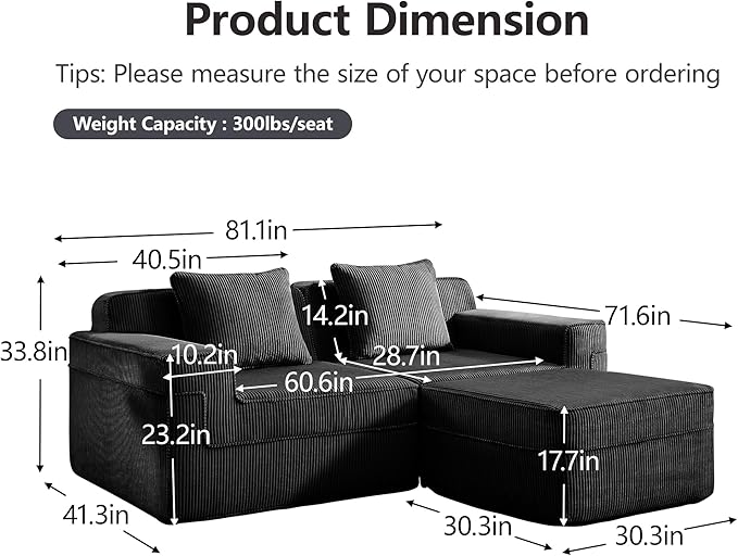 Sectional Cloud Boneless Sofa Couches for Living Room-81 Black 3 Seater L-Shaped Modern Lounge Couch No Assembly Required Corduroy Sleeper Sofas with Ottoman
