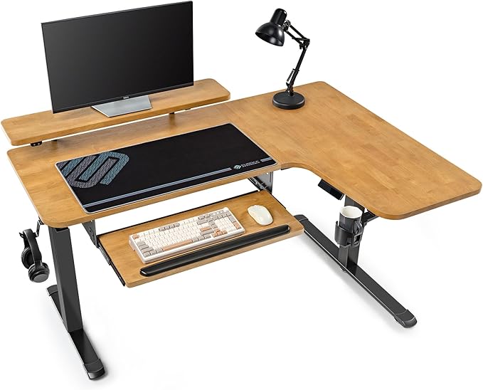 EUREKA ERGONOMIC L Shaped Standing Desk w Solid Wood Tabletop61 Electric Corner Computer Desk Adjustable Height Desk w Keyboard TrayDual MotorLED Monitor StandRight/Oak