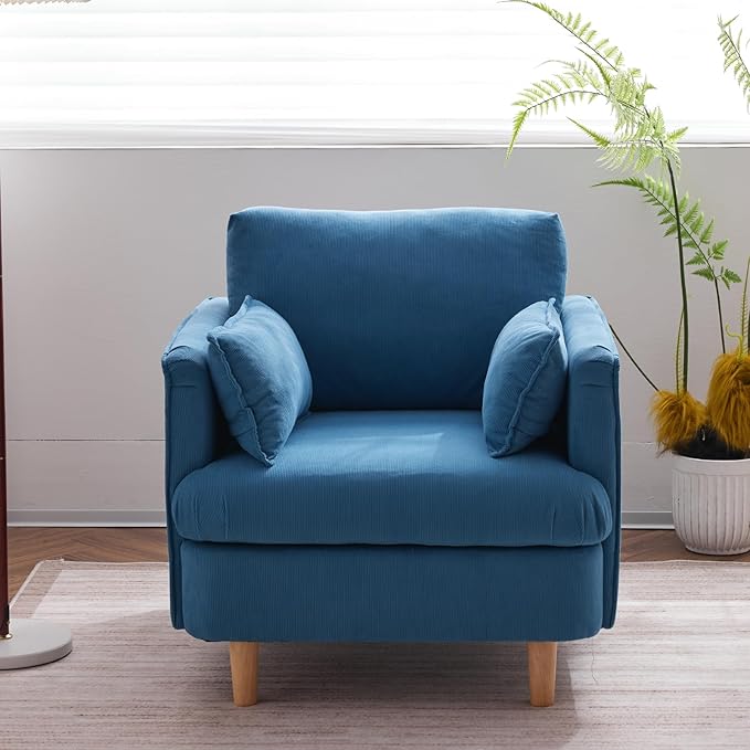 29.5 W Modern Fabric Decorative Chair Armchair Upholstered Reading Chair Single Sofa Casual Club Chair with Solid Wooden Feet and 2 Pillow for living room bedroom bed room office corduroy fabric